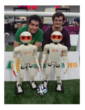 Left: Members of team NimbRo with igus Humanoid Open Platform robots. Right: igus Humanoid Open Platform robots with Dynaped at RoboCup 2016.
