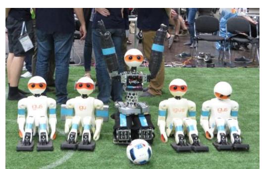 Left: Members of team NimbRo with igus Humanoid Open Platform robots. Right: igus Humanoid Open Platform robots with Dynaped at RoboCup 2016.