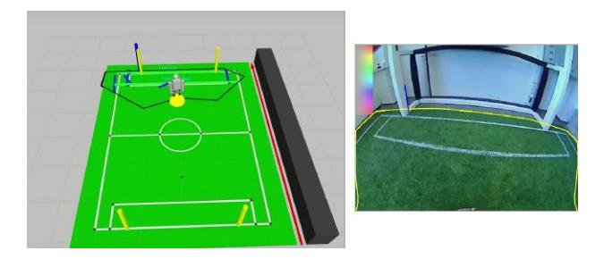Left: Robot localization output depicted in RViz. Right: An image captured by Dynaped while walking.