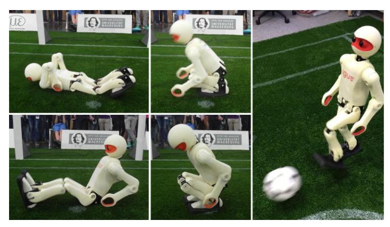 Dynamic get-up motions of the igus Humanoid Open Platform, from the prone (top row) and supine (bottom row) lying positions, and a still image of the kick motion.