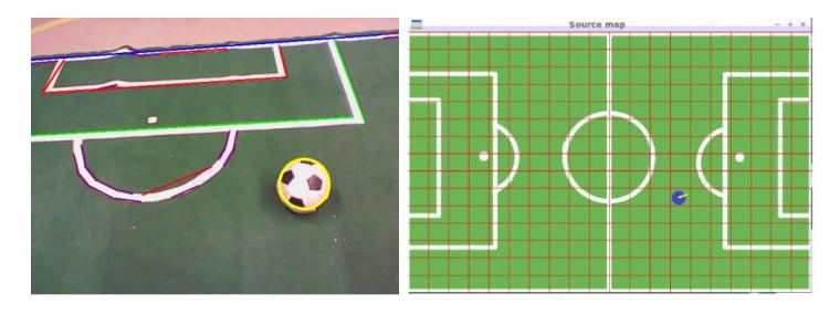 Fig. 2: Left: identifying regions of the soccer field. Right: Updating robot pose.