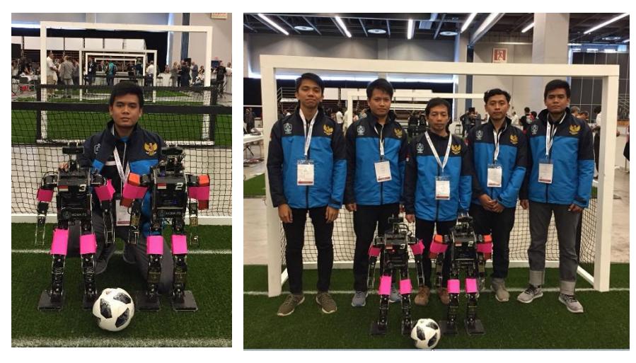 Left: Ichiro Robot TeenSize. Right: Robot Team Member at Robocup 2018.
