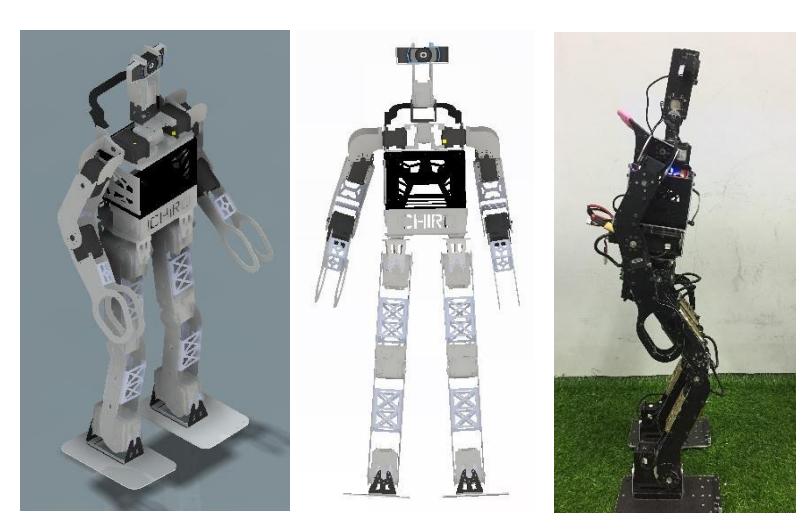 Left and Centre: CAD Design of Ichiro TeenSize. Right: Ichiro TeenSize.
