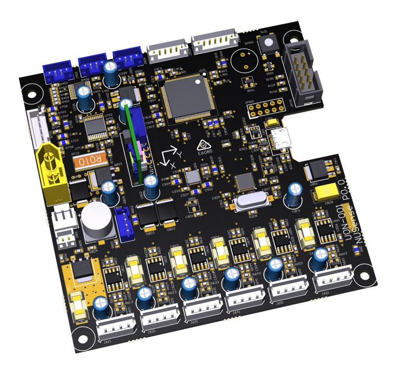 Fig. 3. 3D render of the subcontroller PCB. Dynamixel servo connectors are along the bottom edge. The top edge has connectors for LEDs, buttons and fans. The left edge has power connections. In the center is the IMU with its x and y axes marked. On the inset right edge is the USB connection to a PC.