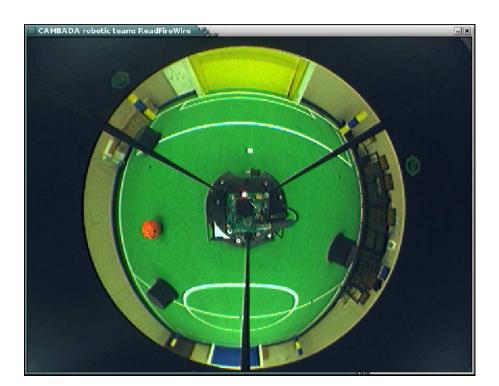 An example of the blobs found in an acquired image. On the left, it is presented the original image. On the right, is it shown the color blobs found for that image. For each blob, we calculate useful information that is used later to calculate the position of each object.