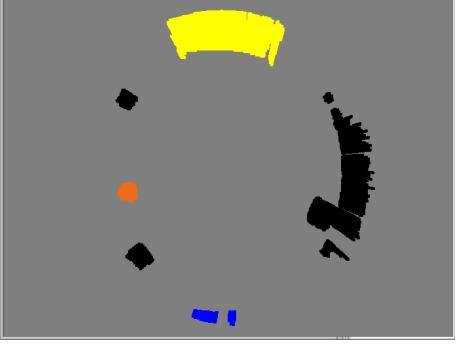 An example of the blobs found in an acquired image. On the left, it is presented the original image. On the right, is it shown the color blobs found for that image. For each blob, we calculate useful information that is used later to calculate the position of each object.