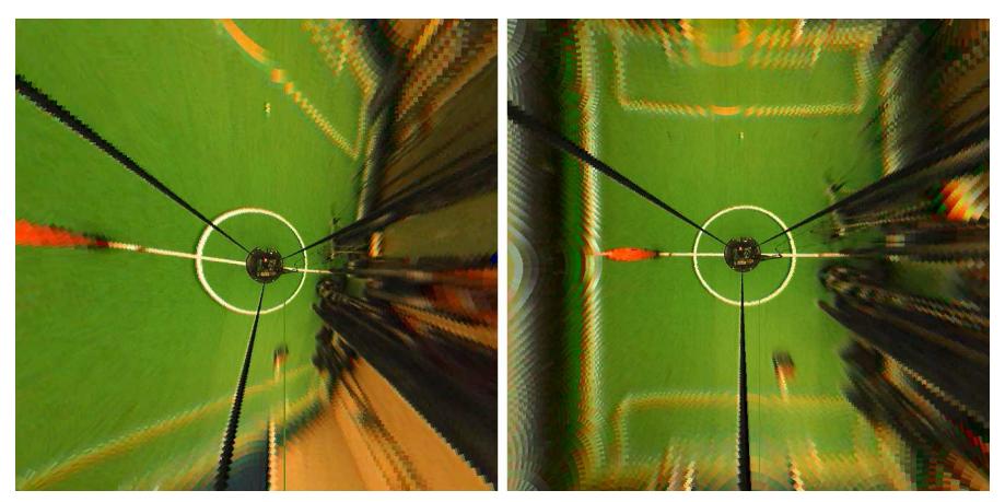 Acquired image after reverse-mapping into the distance map. On the left, the map was obtained with all misalignment parameters set to zero. On the right, after automatic correction.