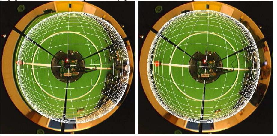 A 0.5m grid, superimposed on the original image. On the left, with all correction parameters set to zero. On the right, the same grid after geometrical parameter extraction.