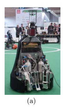 The AllemaniACs' robot platform for the ROBOCUP MIDDLE SIZE LEAGUE and the three-legged pneumatic kicking device.