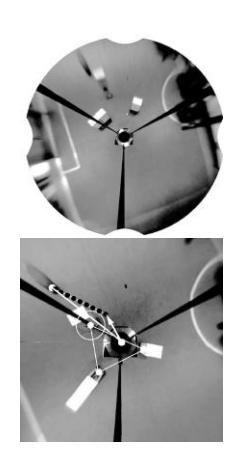 (Top row from left to right): Omni-vision image of the scene, white boxes are the obstacles; undistorted image; the remaining images show a detailed view of the triangulation over the perceived obstacles, R denotes the robot, T the target. For the sake of clarity only the nearest obstacles are marked.