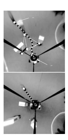 (Top row from left to right): Omni-vision image of the scene, white boxes are the obstacles; undistorted image; the remaining images show a detailed view of the triangulation over the perceived obstacles, R denotes the robot, T the target. For the sake of clarity only the nearest obstacles are marked.