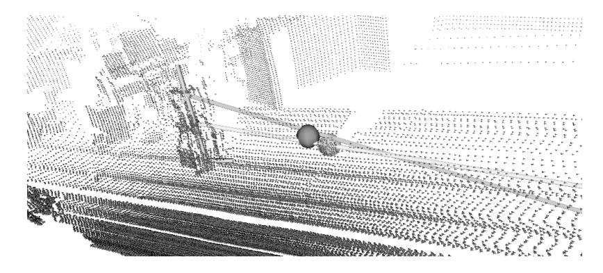 Laser data with superimposed camera-processed data. The data from the laser range finder was used as ground truth for the empirical evaluation of the stereo vision system's overal precission.