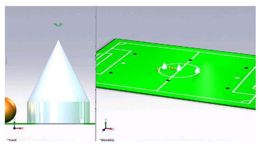 Rendered image of the robot virtual simulation, top omnidireccional mirror and ball (left) and the game field with several robots and balls (right)