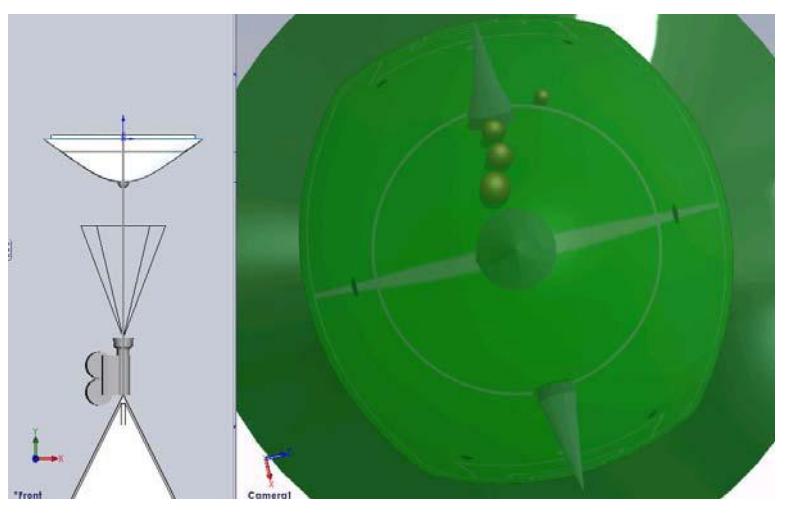 CAD drawing of an omnidireccional developed mirror and camera positioning (left) and respective rendered virtual simulation of the view seen from the virtual camera and reflected image on the mirror (right)