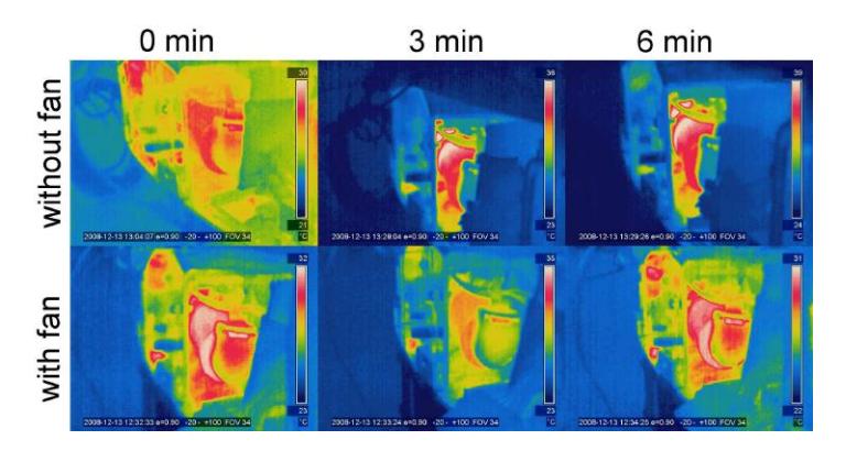 Fig. 1. Compilation of images showing the temperature development over time with (upper row) and without cooling units for the gears. The brighter the color the higher is the temperature of the corresponding item.