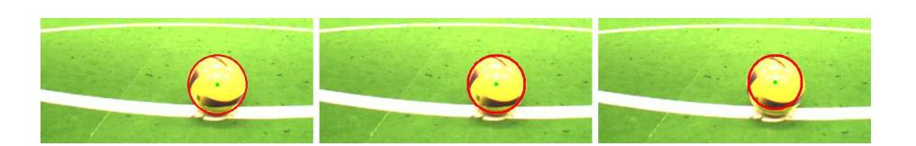 Fig. 4. Calibration step; perspective camera; left: generalized symmetry transform; middle: 2-1 Hough transform; right: Standard Hough transform