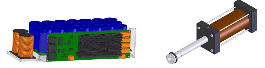 Fig. 4 - Controller board and battery of capacitors (left) and magnetic coil kicker (right)