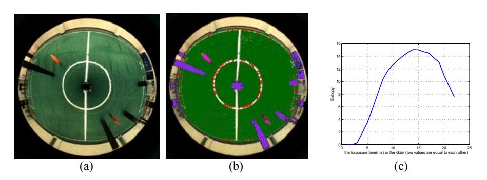 Fig. 7. (a) The acquired image after camera parameters had been optimized. (b) The processing result. (c) The distribution of image entropy along the searching path.