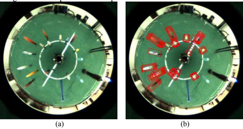 Fig. 8. A typical panoramic image (a) and the ball recognizing result (b). The red rectangles are the recognized FIFA balls.