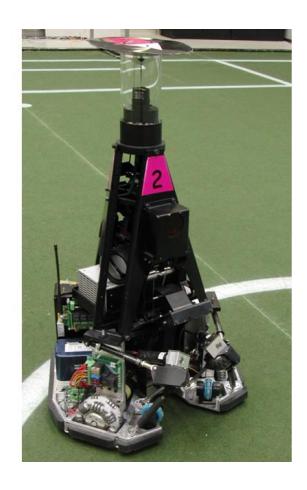 Fifth generation TURTLE with cover attached (left), with cover removed (middle) and a close up of the robustified ball handling mechanism (right).