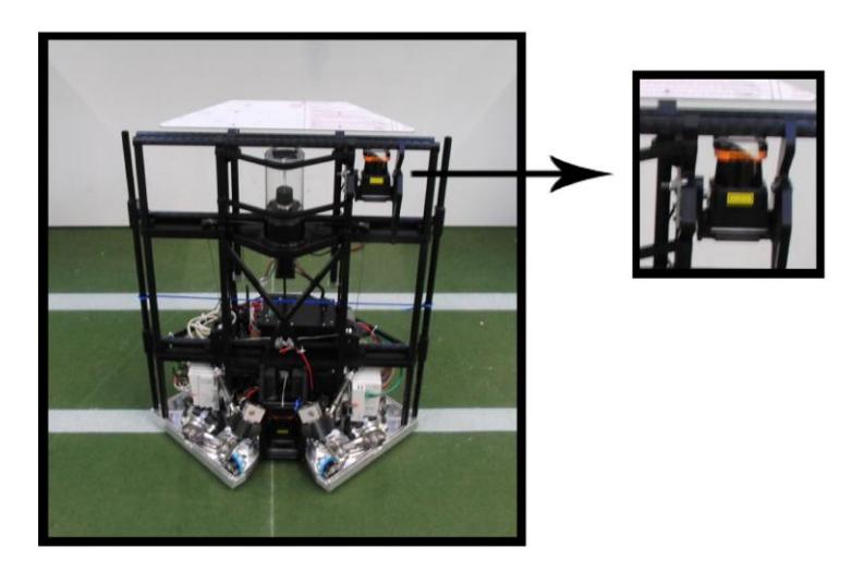 Renewed design of Tech United's goalkeeper robot (left) and a close up of the UTM-30lx Laser Range Finder mounted on it (right).