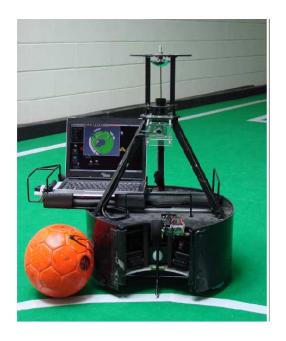 Fig. 1. On the left, a picture of a CAMBADA robot. On the right, the main modules in the architecture of the robots.