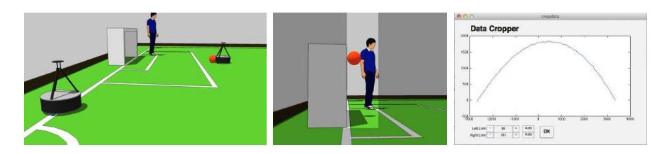 Fig. 5. On the left, the position of the robots on the field during the kicker calibration procedure. On the center, the information processed by the Watcher. On the right, the data acquired by the laser range finder during a kick.