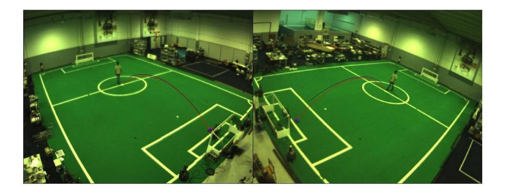Fig. 3. Ground-Truth 3D Ball. Red Line represents the MLE estimation from the Ground-Truth. Black Line the ISePorto Robot estimation trajectory