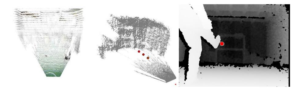 Fig. 3. On the left, color Kinect cloud of points. Discretization (in parallel planes) is clearly visible. On the center and right, three correctly detected balls in a kick away from the sensor.