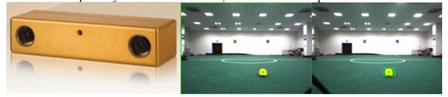 Fig. 5. The stereo camera; Fig. 6. Ball recognition results in the left and right images