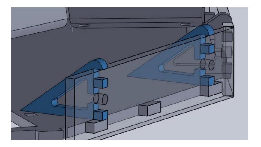 Edge of base plate design, laser-cut sheet metal is bolted together.
