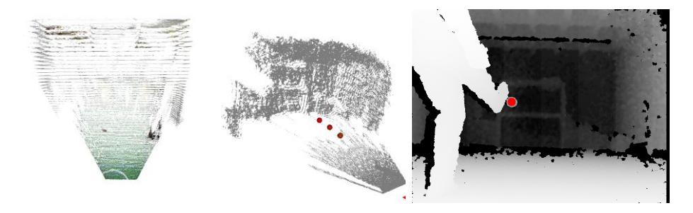 On the left, color Kinect cloud of points. Discretization (in parallel planes) is clearly visible. On the center and right, three correctly detected balls in a kick away from the sensor.