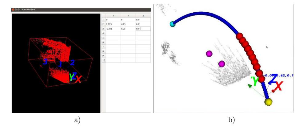 Fig. 3. On the left, the application for Kinect position calibration with 3 reference points on the Kinect cloud and the corresponding coordinates in robot coordinates system [7]. On the right, the calculated trajectory of the ball. The positions of the balls used for the computation are presented as large red spheres and the parabolic trajectory estimated is represented by the small blue spheres. The magenta spheres represent the projection on the ground of the detected balls.