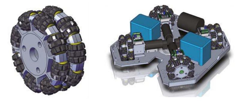 The omni-directional wheel and the four-wheel configuration base frame.