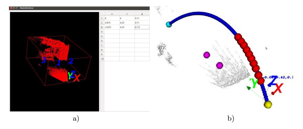 Fig. 5. On the left, the application for Kinect position calibration with 3 reference points on the Kinect cloud and the corresponding coordinates in robot coordinates system [8]. On the right, the calculated trajectory of the ball. The positions of the balls used for the computation are presented as large red spheres and the parabolic trajectory estimated is represented by the small blue spheres. The magenta spheres represent the projection on the ground of the detected balls.