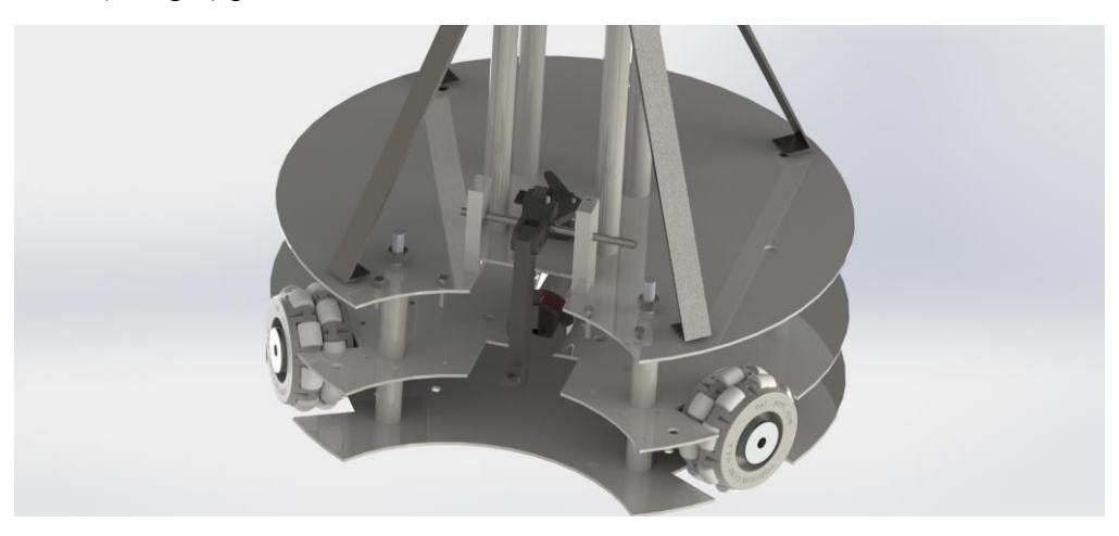 Improved ball kicking mechanism, actuated by a servo-motor, making possible to shoot along the surface of the ball, shooting with effect and more straight. (Fig.4)