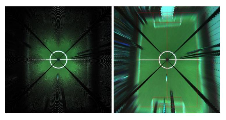 Fig. 1: a) pixel resolution as f(distance). b) 0.5° error effect in the distance map.