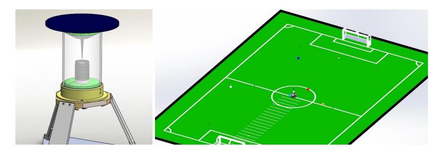 Fig. 2: New hardware structure and simulated full size MSL field with a robot at the center.