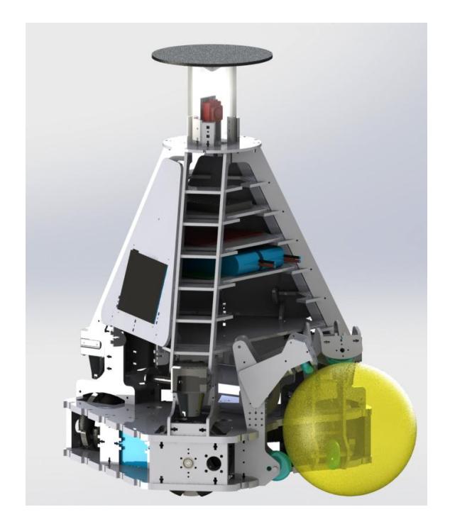 Computer image of the 2019 robot of Robot Club Toulon Team in its latest version including a PMMA transparent tube at the top for the camera, and picture of the robot in an older version and without the ball control system.