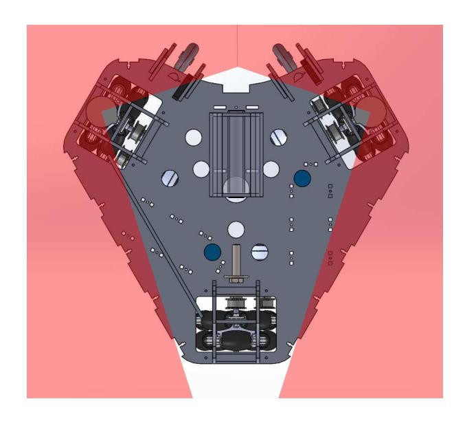 Sectional view form top at LIDARs level. LIDARs active zones are in red.