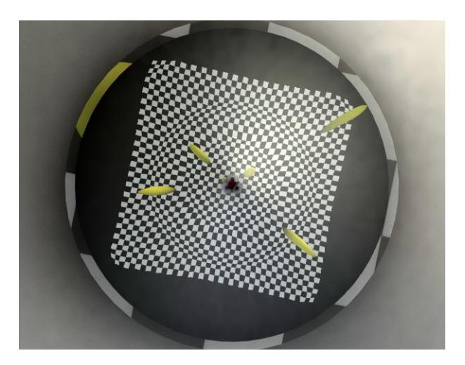 Simulation image seen by the Jevois camera of the robot over a black and white checker board with yellow balls. The more camera is looking to a far distance, the more the balls are distorted. At the opposite, objects in a plane orthogonal to the camera and mirror revolution axis (such as the checker board) are not distorted.