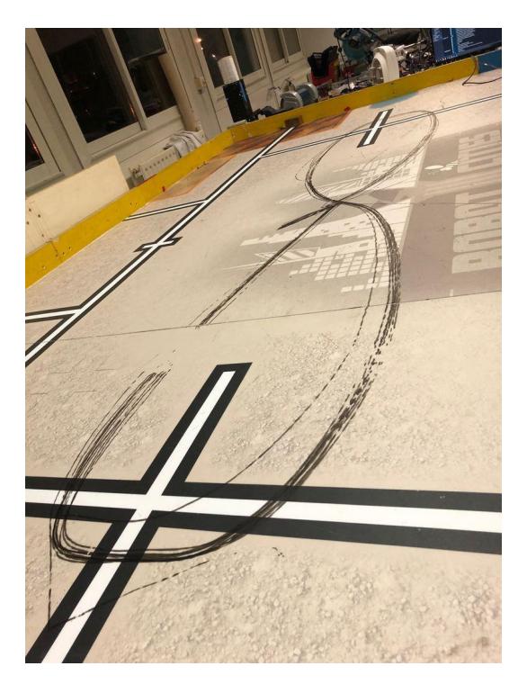 Kalman filter validation : trajectories of a reduce size MSL robot travelling many times along a given path. Robot has been following many times a path with a maximum error of 2 cm around this theoretical path.