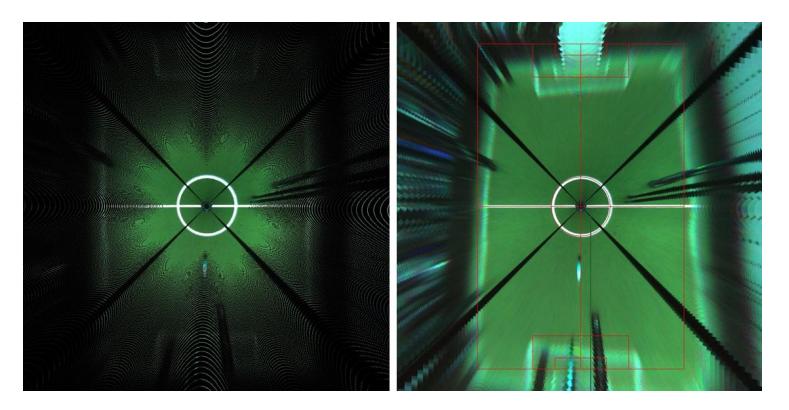 Fig. 1: a) pixel resolution as f(distance). b) 0.5° error effect in the distance map.