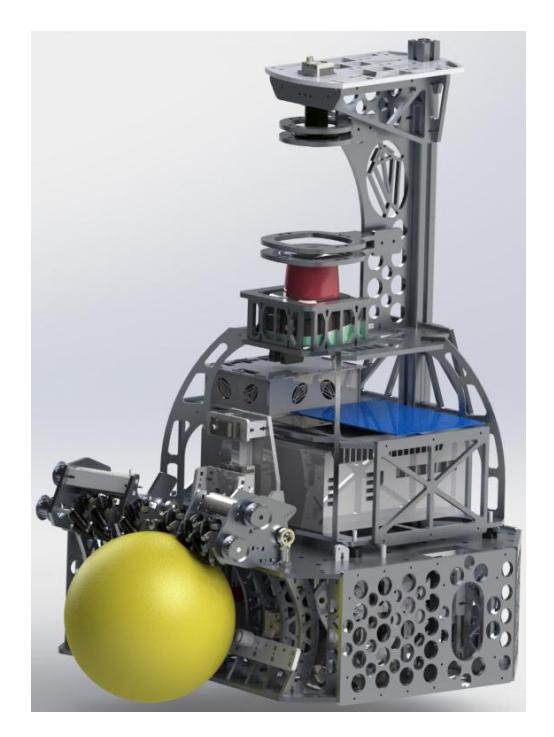 Computer image of the 2020 robot of Robot Club Toulon Team, and picture of the robot.