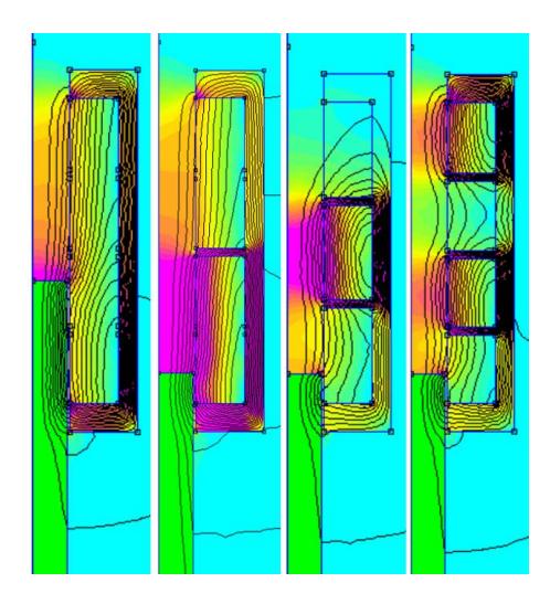 Coil gun configurations with 1, 2, 3 and 4 coils sharing the same quantity of copper.