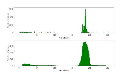 Fig. 7: Hue histogram of filtering results (top) and histogram smoothing results (bottom)