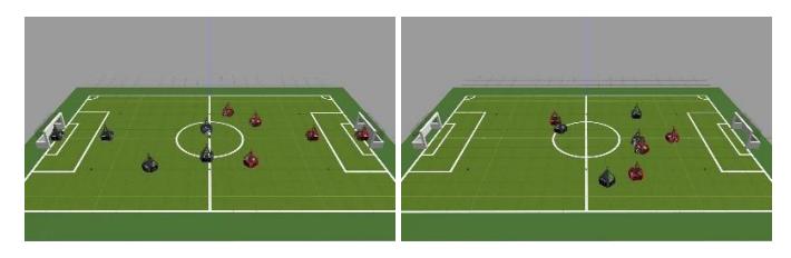 Fig. 8. Two sides of robot models compete in a soccer game.
