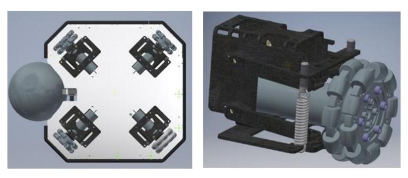 New wheel configuration (left) and detail of wheel unit with suspension (right).