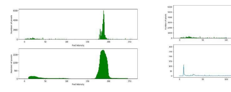 Fig. 7: Hue histogram of filtering results (top) and histogram smoothing results (bottom)