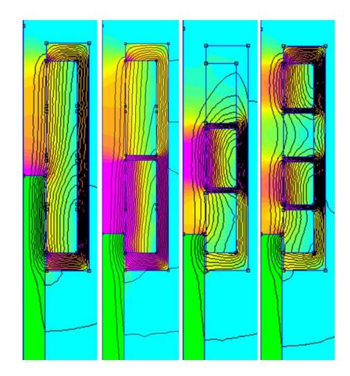 Fig. 10. Coil gun configurations with 1, 2, 3 and 4 coils sharing the same quantity of copper.